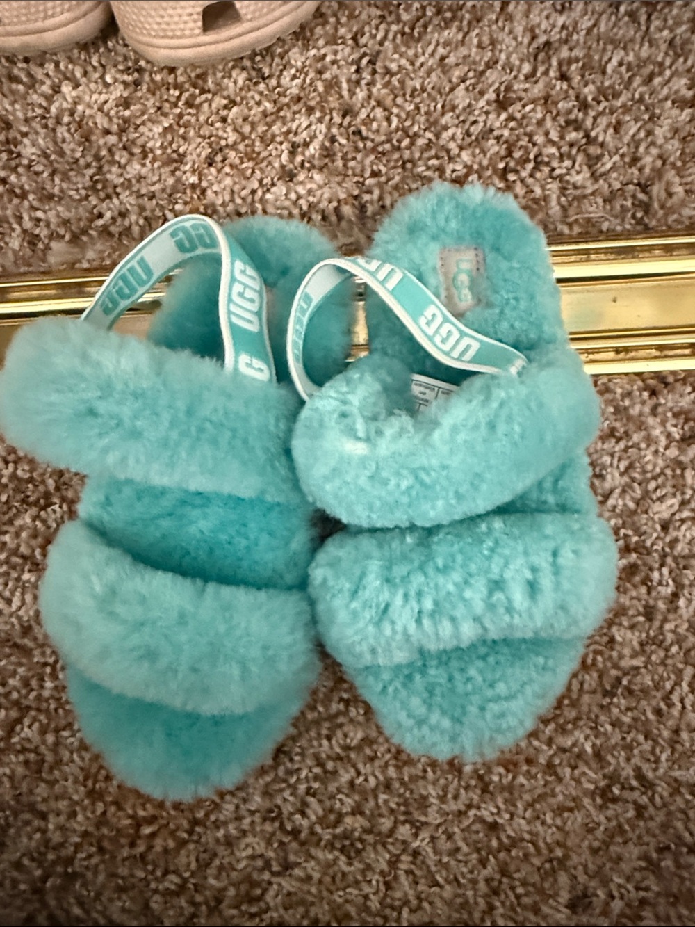 UGG Kids Teal Fluff Slides - Plush Shearling Double-Band Slippers